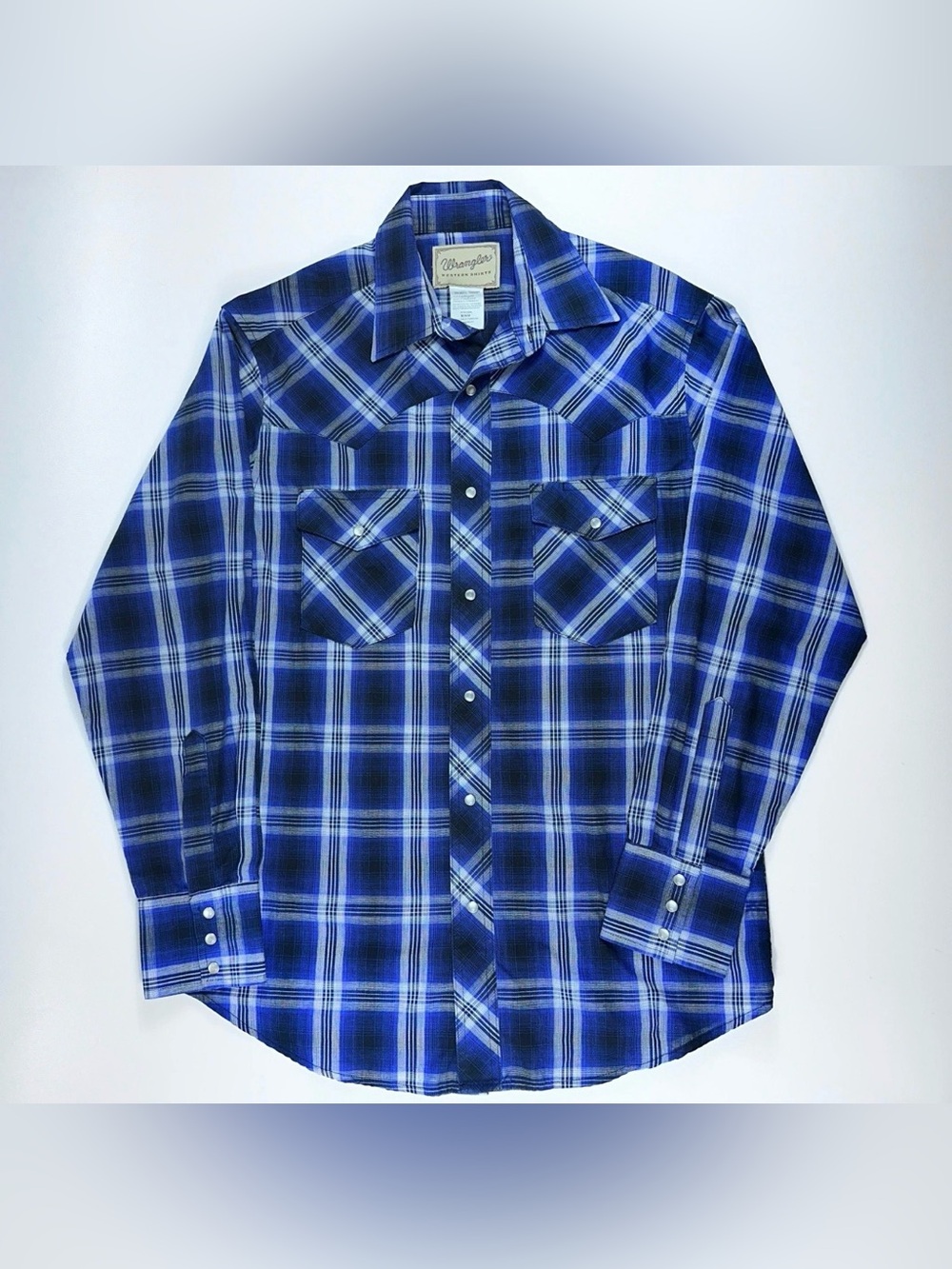 Wrangler Western Pearl Snap Shirt Mens M Blue Plaid Long Sleeve Cowboy Rodeo
